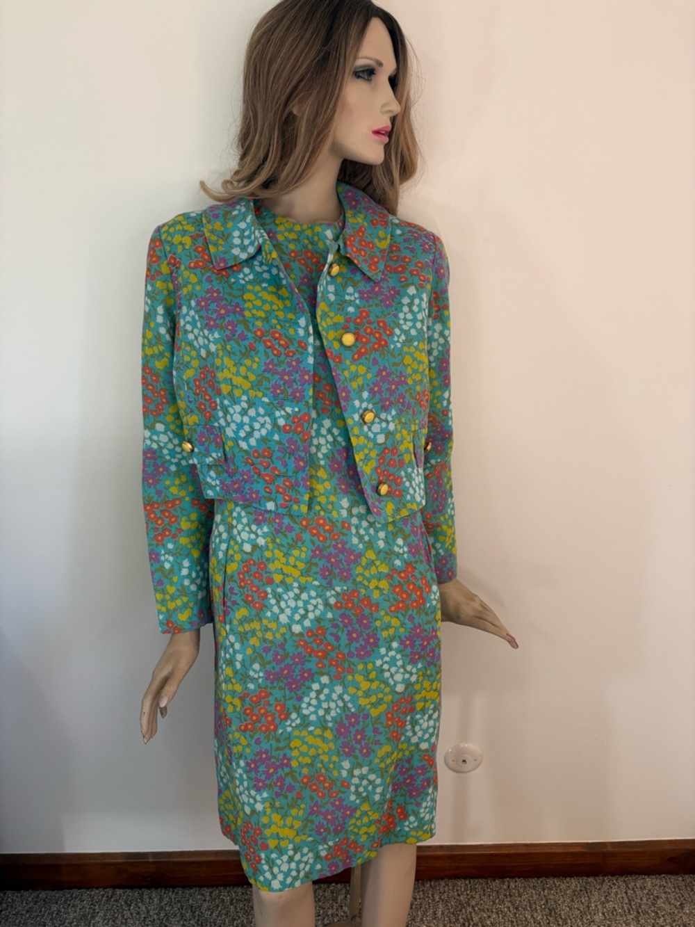 Vintage Teal Floral Midi Dress with Cropped Jacket - Picture 10 of 15